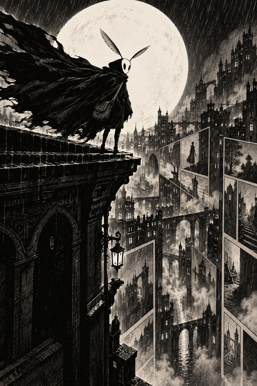 A masked moth courier overlooks a city made of comic panels